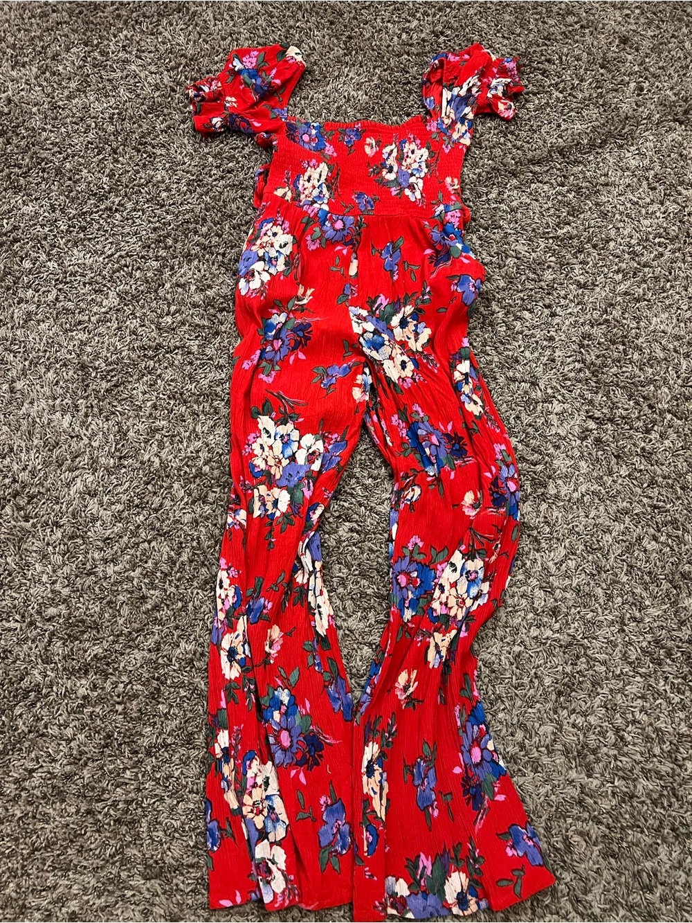 Band of Gypsies Red Floral Jumpsuit with Blue & White Accents